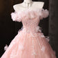 Pink Tulle Lace Long Prom Dress, Pink A-Line Off the Shoulder Party Dress