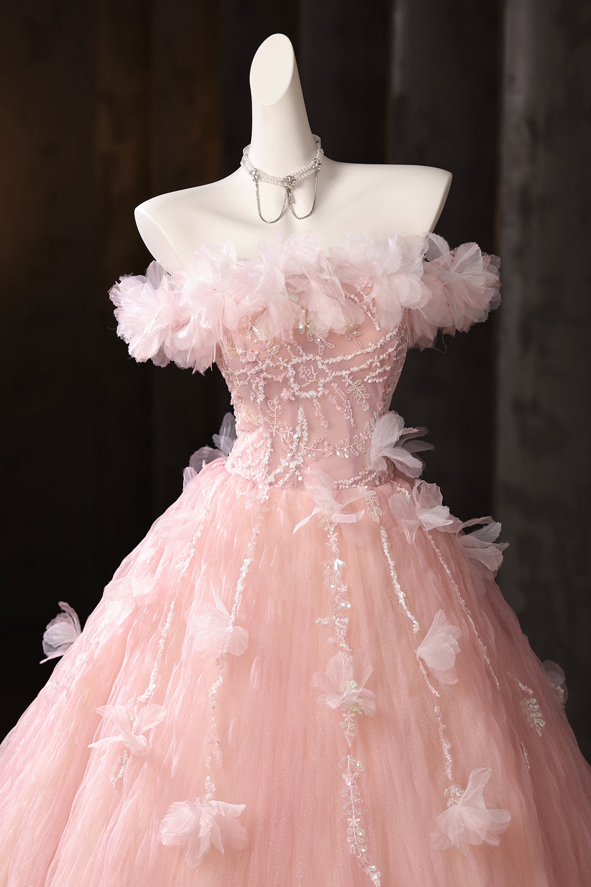 Pink Tulle Lace Long Prom Dress, Pink A-Line Off the Shoulder Party Dress
