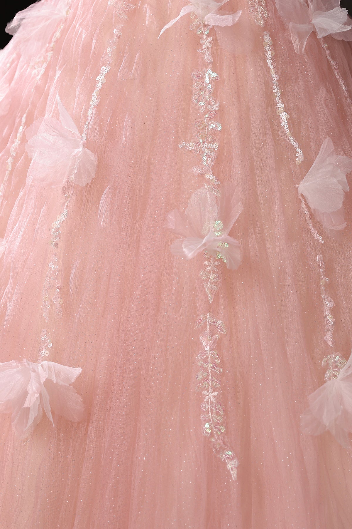Pink Tulle Lace Long Prom Dress, Pink A-Line Off the Shoulder Party Dress