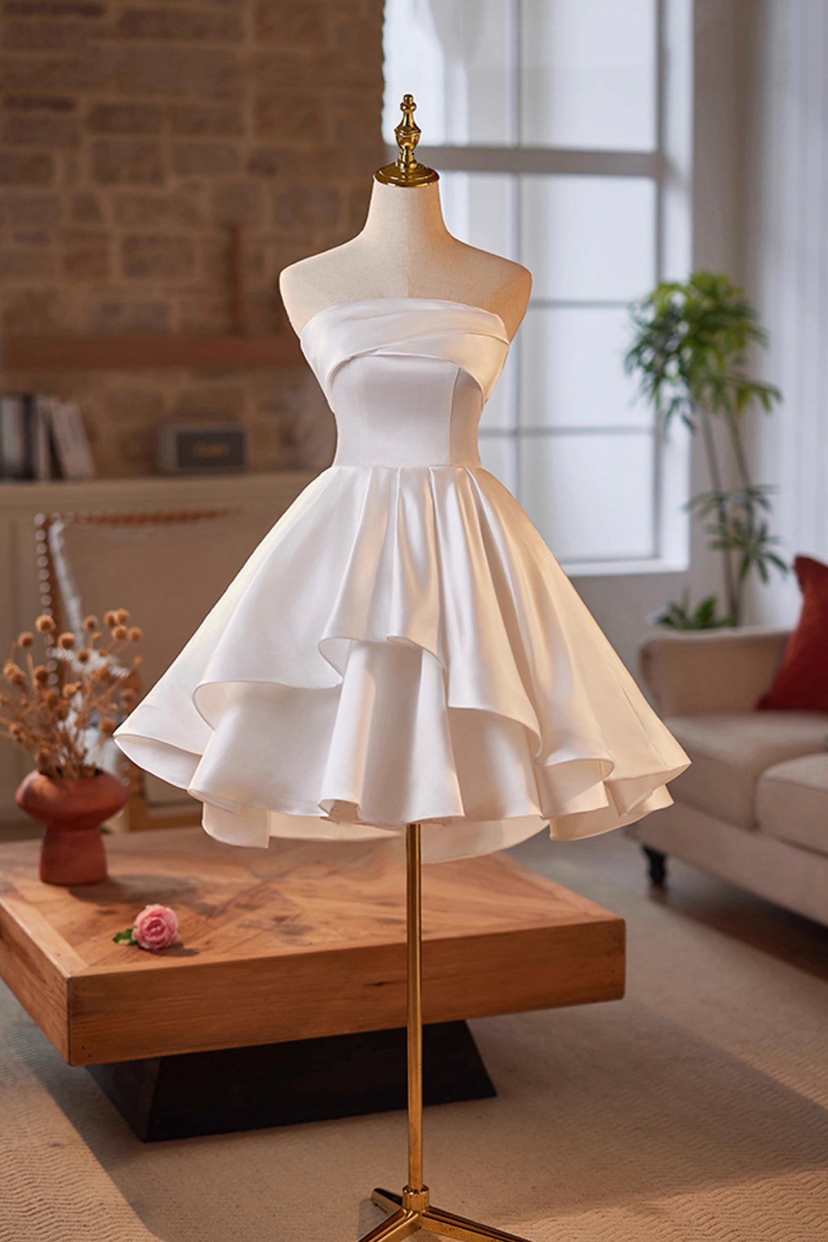 White Satin Short Prom Dress, A-Line Strapless Homecoming Party Dress