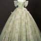 Green Tulle Floral Long Floor Length Formal Dress, Green A-Line Prom Party Dress