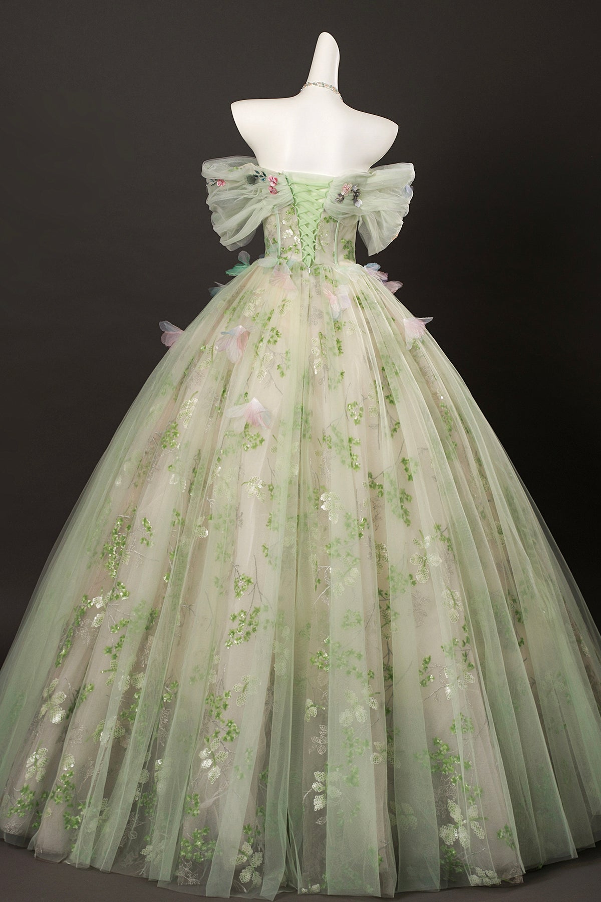 Green Tulle Floral Long Floor Length Formal Dress, Green A-Line Prom Party Dress