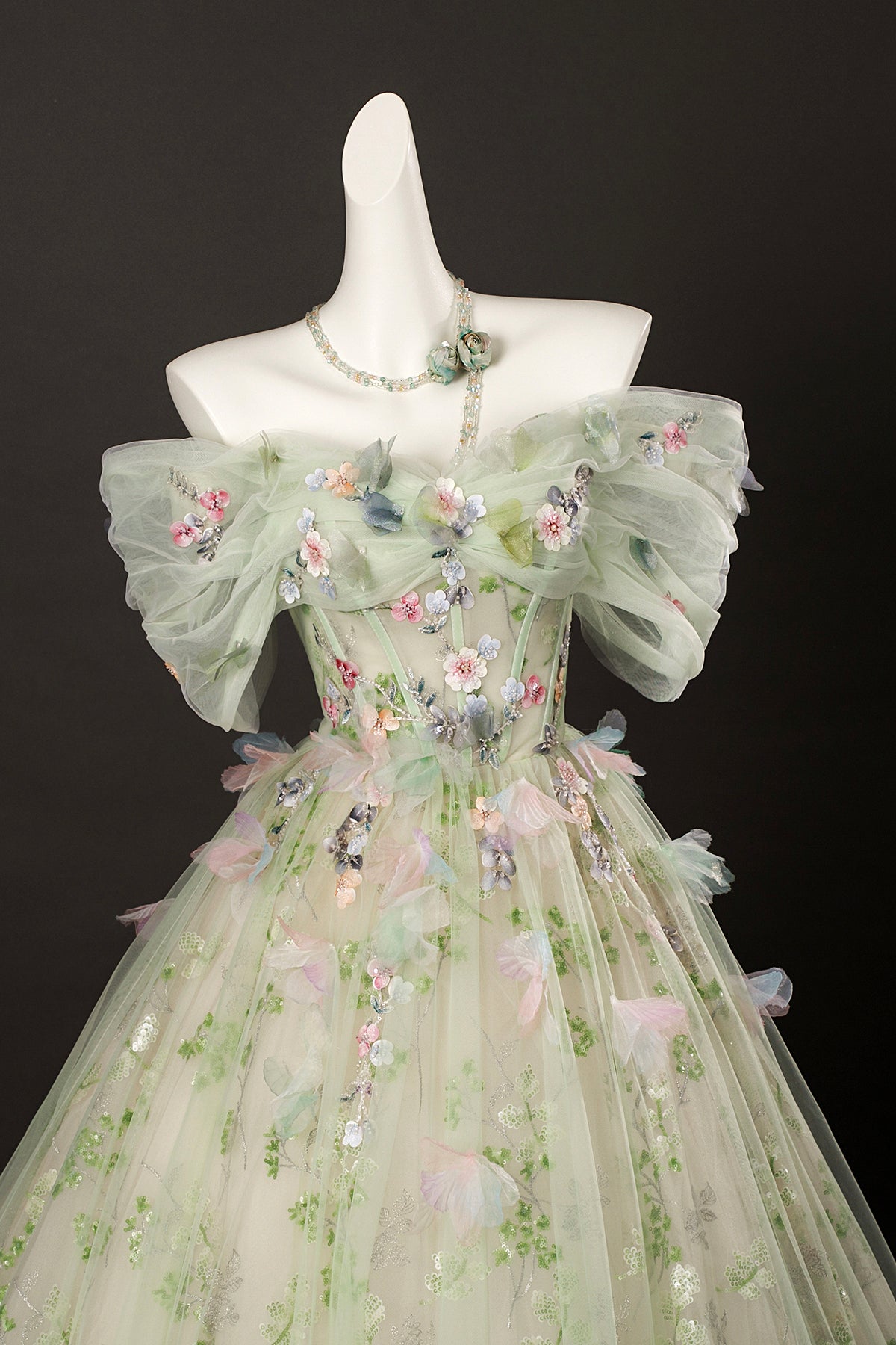Green Tulle Floral Long Floor Length Formal Dress, Green A-Line Prom Party Dress