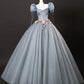 Gray Tulle Flowers Long Prom Dresses, Beautiful A Line Corset Formal Dresses