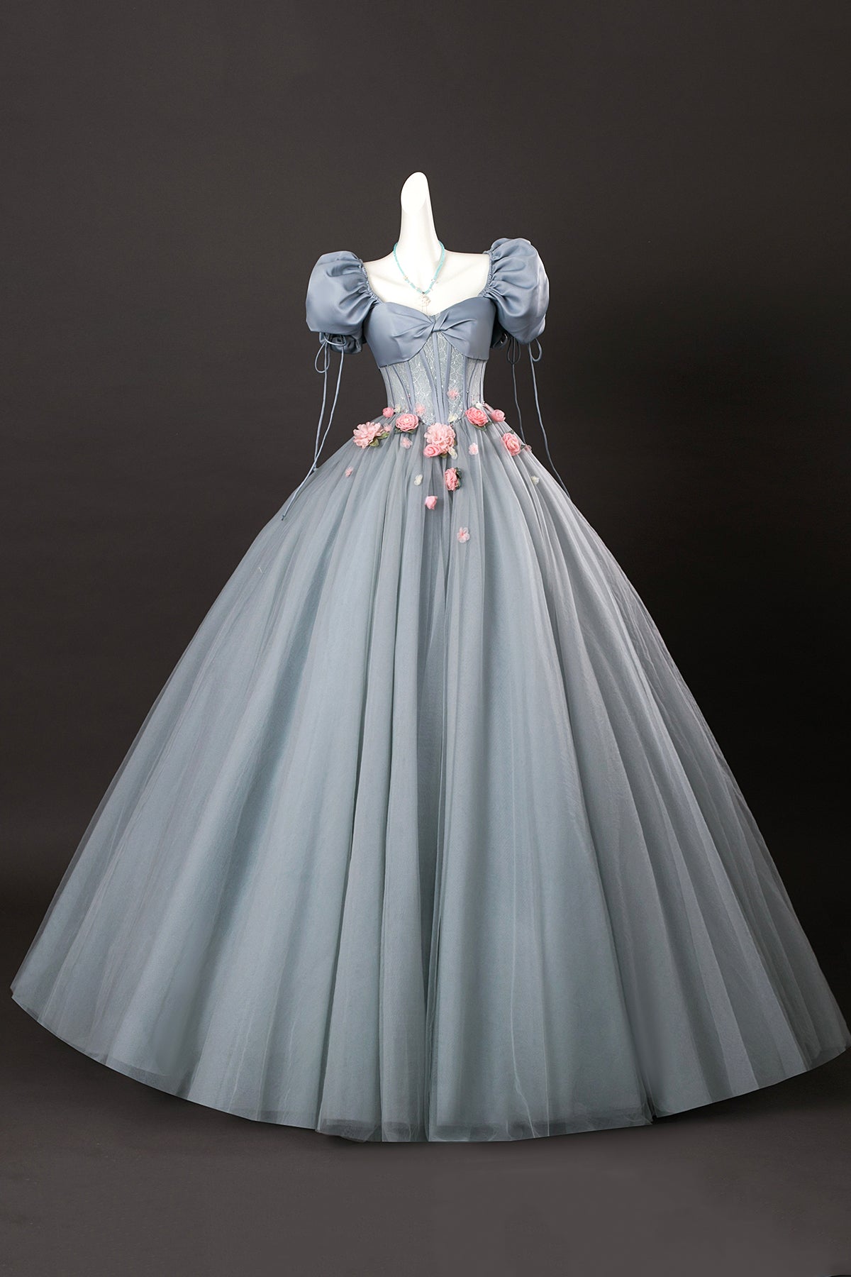 Gray Tulle Flowers Long Prom Dresses, Beautiful A Line Corset Formal Dresses
