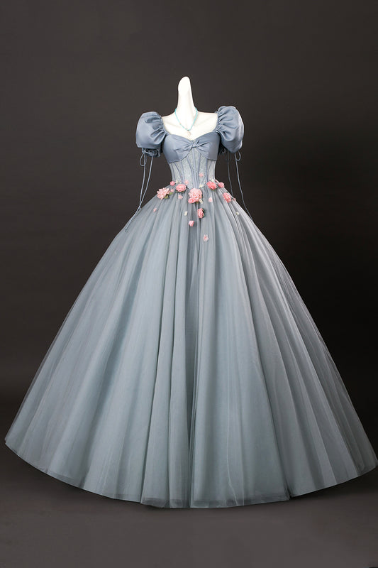 Gray Tulle Flowers Long Prom Dresses, Beautiful A Line Corset Formal Dresses