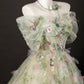 Green Tulle Floral Long Floor Length Formal Dress, Green A-Line Prom Party Dress