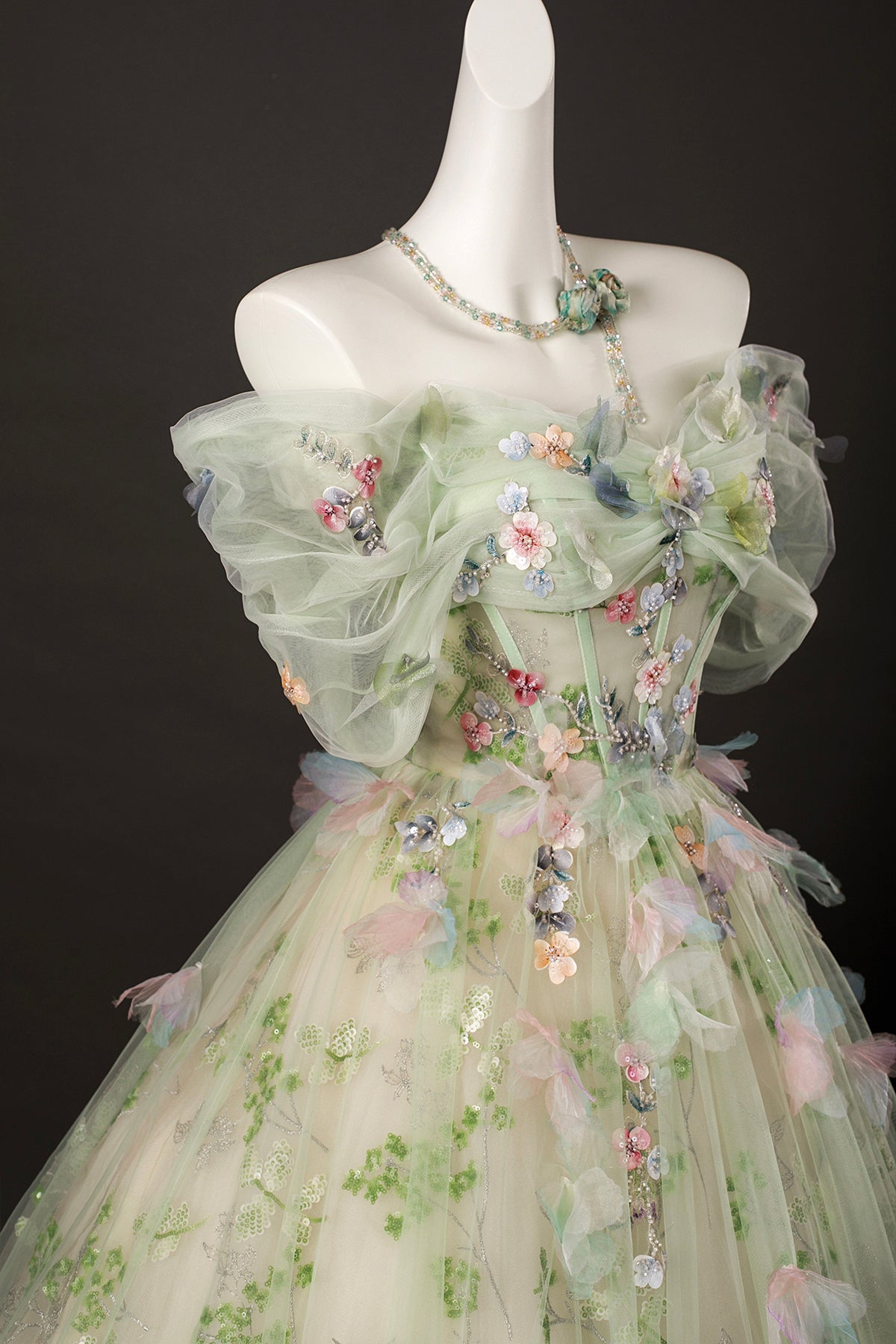 Green Tulle Floral Long Floor Length Formal Dress, Green A-Line Prom Party Dress