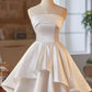 White Satin Short Prom Dress, A-Line Strapless Homecoming Party Dress