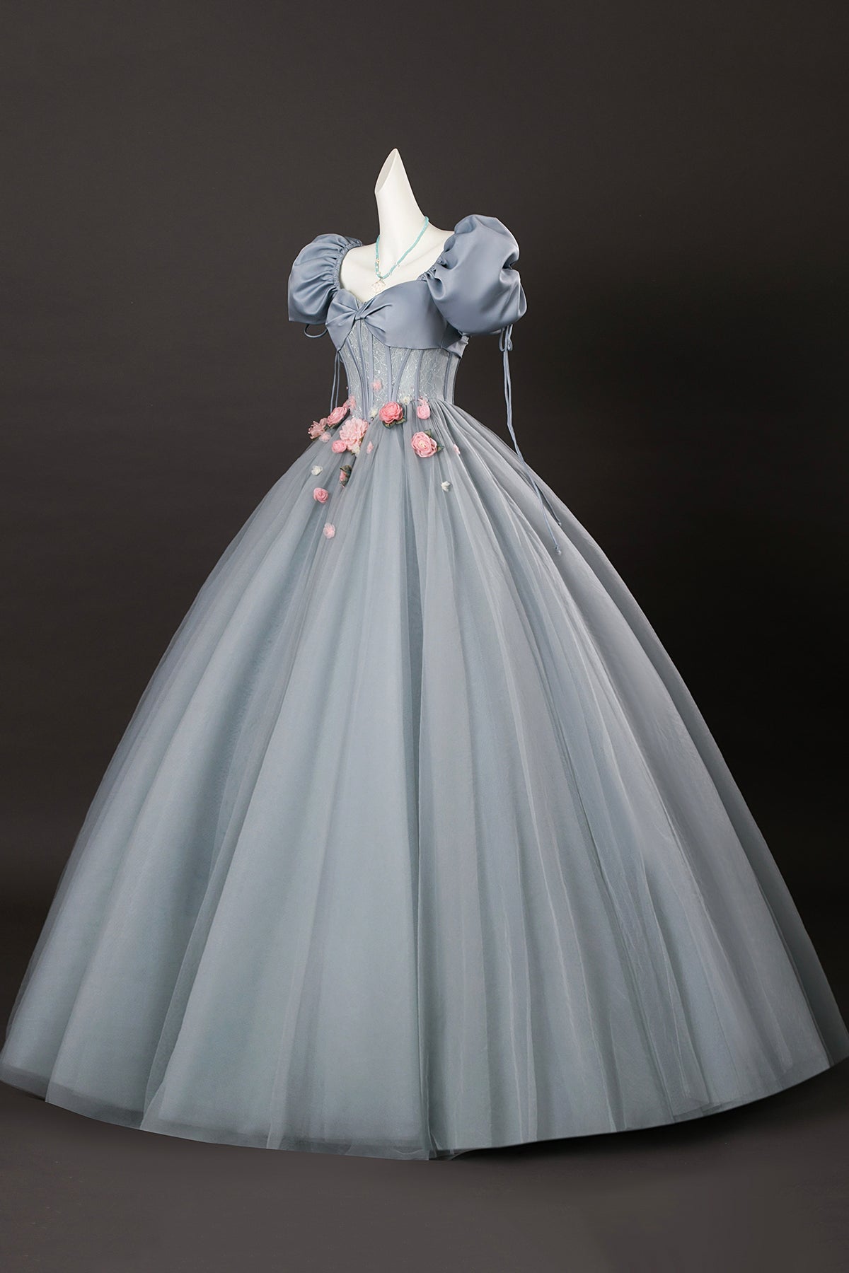 Gray Tulle Flowers Long Prom Dresses, Beautiful A Line Corset Formal Dresses