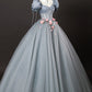 Gray Tulle Flowers Long Prom Dresses, Beautiful A Line Corset Formal Dresses