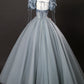 Gray Tulle Flowers Long Prom Dresses, Beautiful A Line Corset Formal Dresses