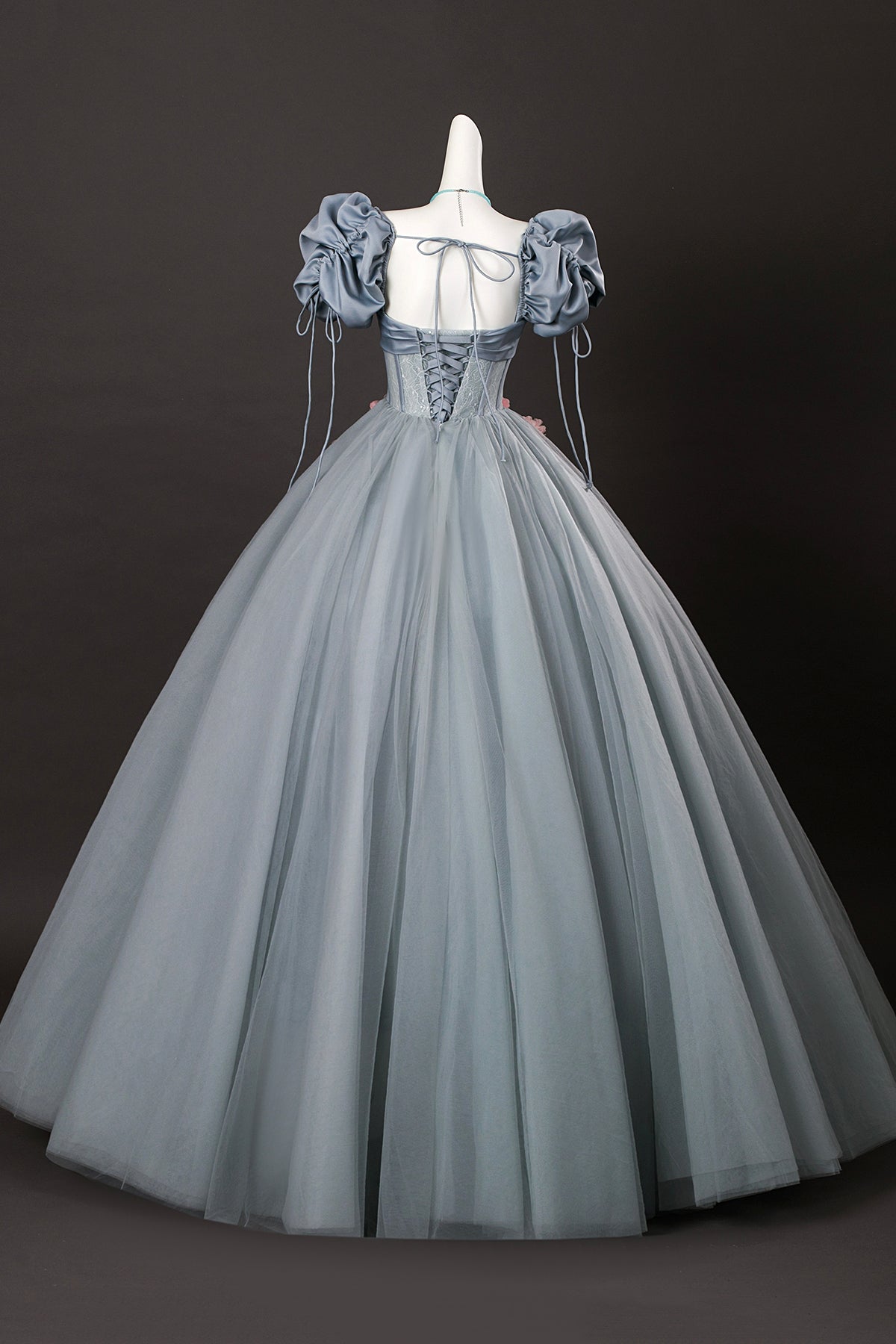 Gray Tulle Flowers Long Prom Dresses, Beautiful A Line Corset Formal Dresses