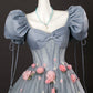 Gray Tulle Flowers Long Prom Dresses, Beautiful A Line Corset Formal Dresses