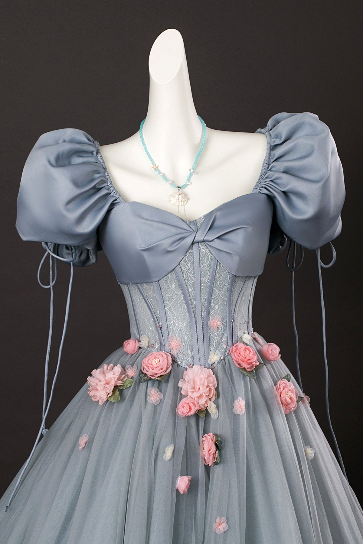Gray Tulle Flowers Long Prom Dresses, Beautiful A Line Corset Formal Dresses
