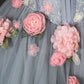 Gray Tulle Flowers Long Prom Dresses, Beautiful A Line Corset Formal Dresses