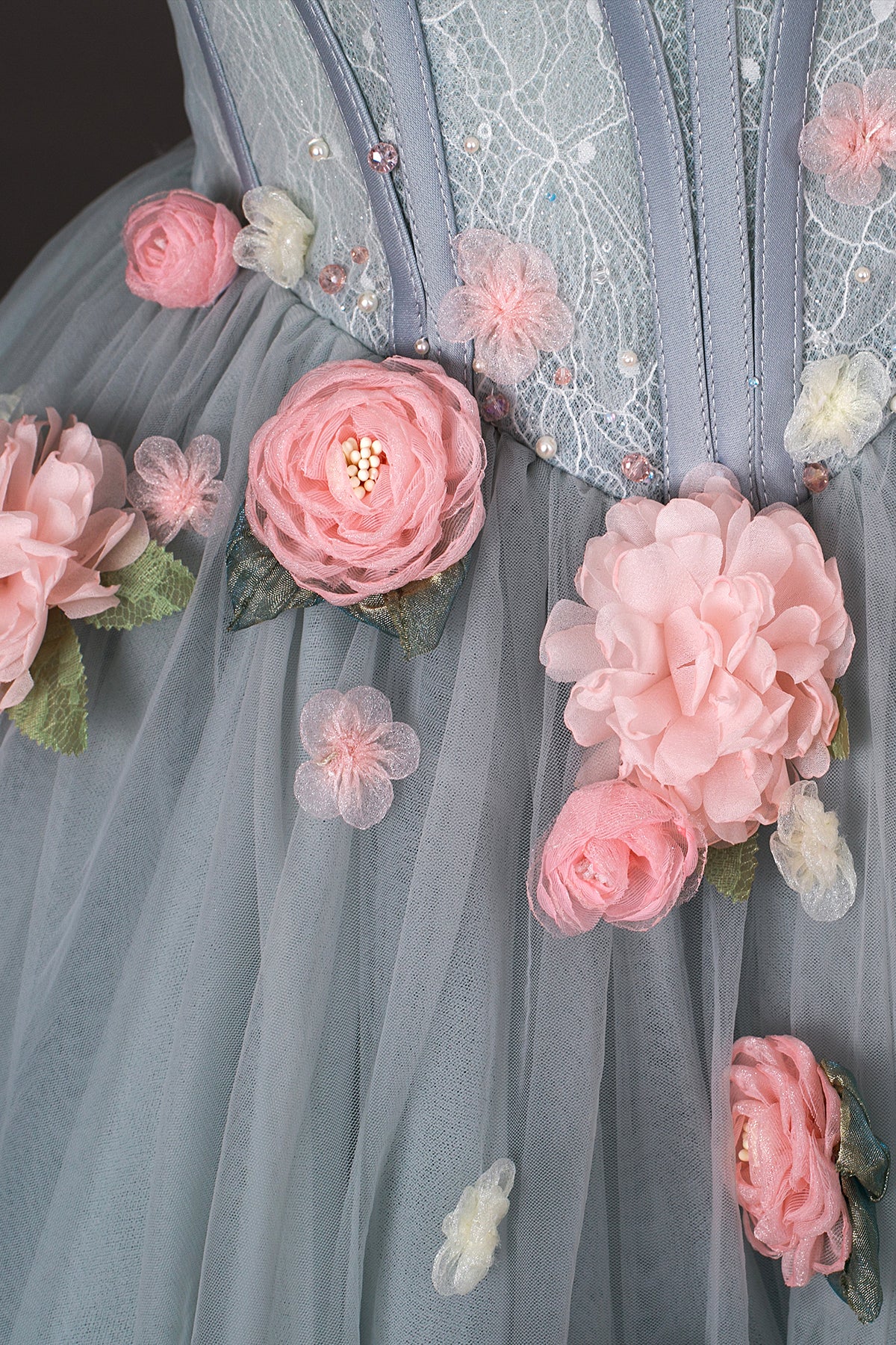 Gray Tulle Flowers Long Prom Dresses, Beautiful A Line Corset Formal Dresses