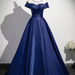 Navy Scoop Neckline Satin Long Prom Dress, A-Line Evening Party Dress