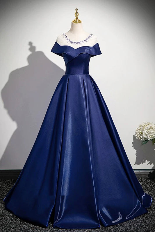 Navy Scoop Neckline Satin Long Prom Dress, A-Line Evening Party Dress
