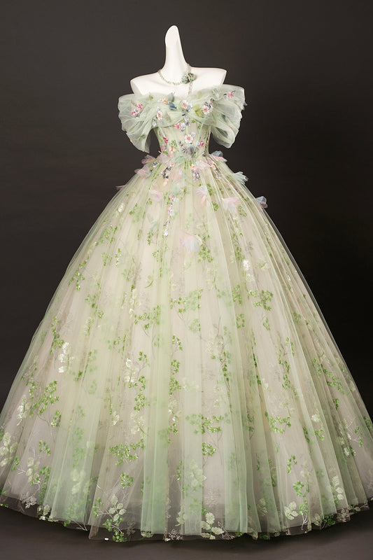 Green Tulle Floral Long Floor Length Formal Dress, Green A-Line Prom Party Dress