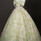 Green Tulle Floral Long Floor Length Formal Dress, Green A-Line Prom Party Dress