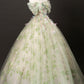 Green Tulle Floral Long Floor Length Formal Dress, Green A-Line Prom Party Dress