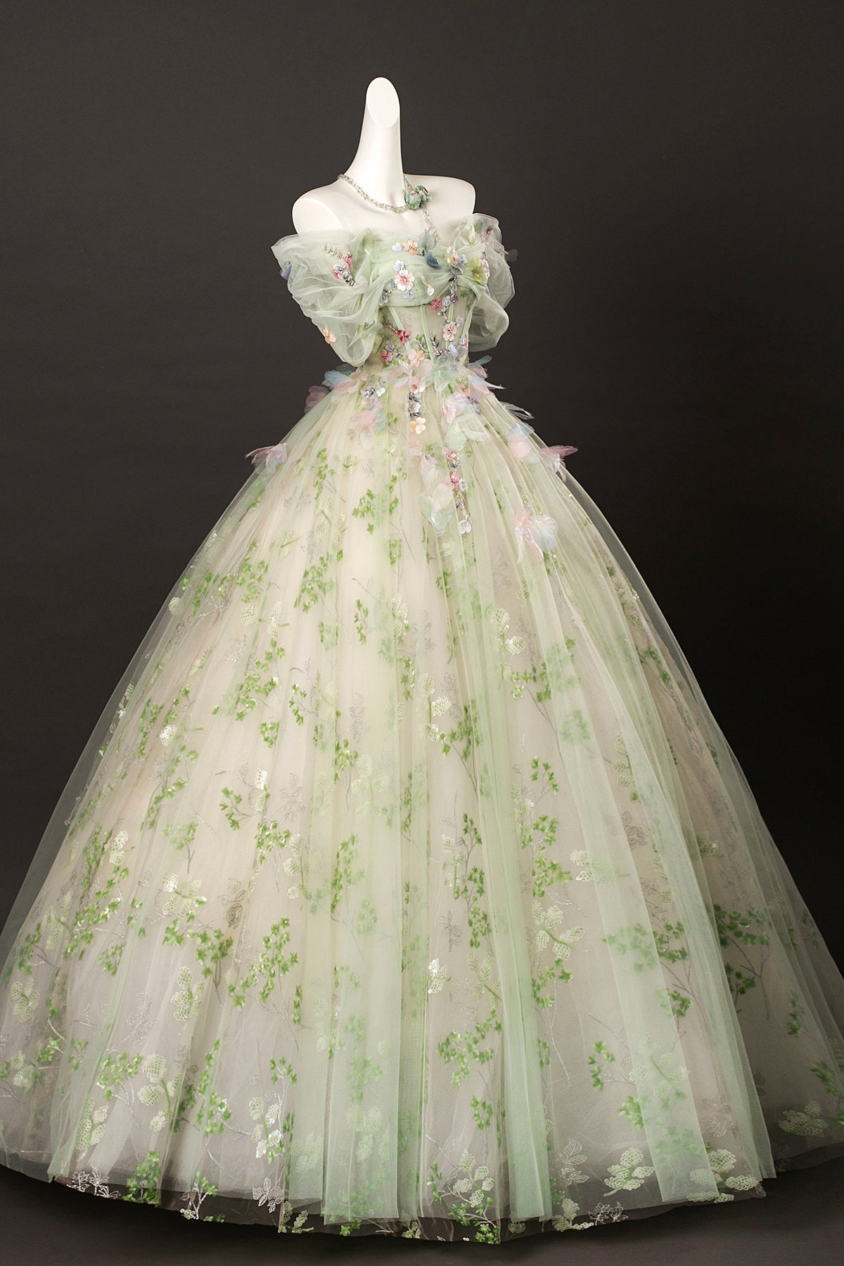 Green Tulle Floral Long Floor Length Formal Dress, Green A-Line Prom Party Dress
