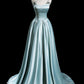 Lovely Satin Pearls Long Prom Dress, A-Line Ice Blue Spaghetti Strap Evening Party Dress