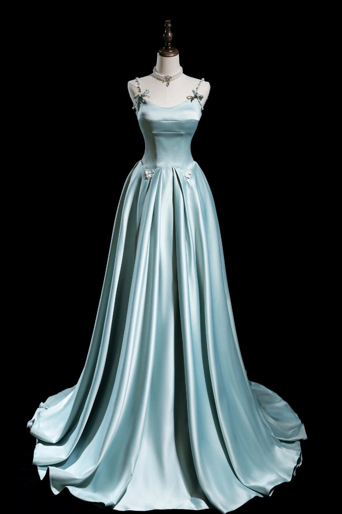 Lovely Satin Pearls Long Prom Dress, A-Line Ice Blue Spaghetti Strap Evening Party Dress