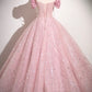 Pink Tulle Sequins Long A-Line Prom Dress with Bow, Pink Off Shoulder Evening Dress