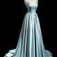 Lovely Satin Pearls Long Prom Dress, A-Line Ice Blue Spaghetti Strap Evening Party Dress