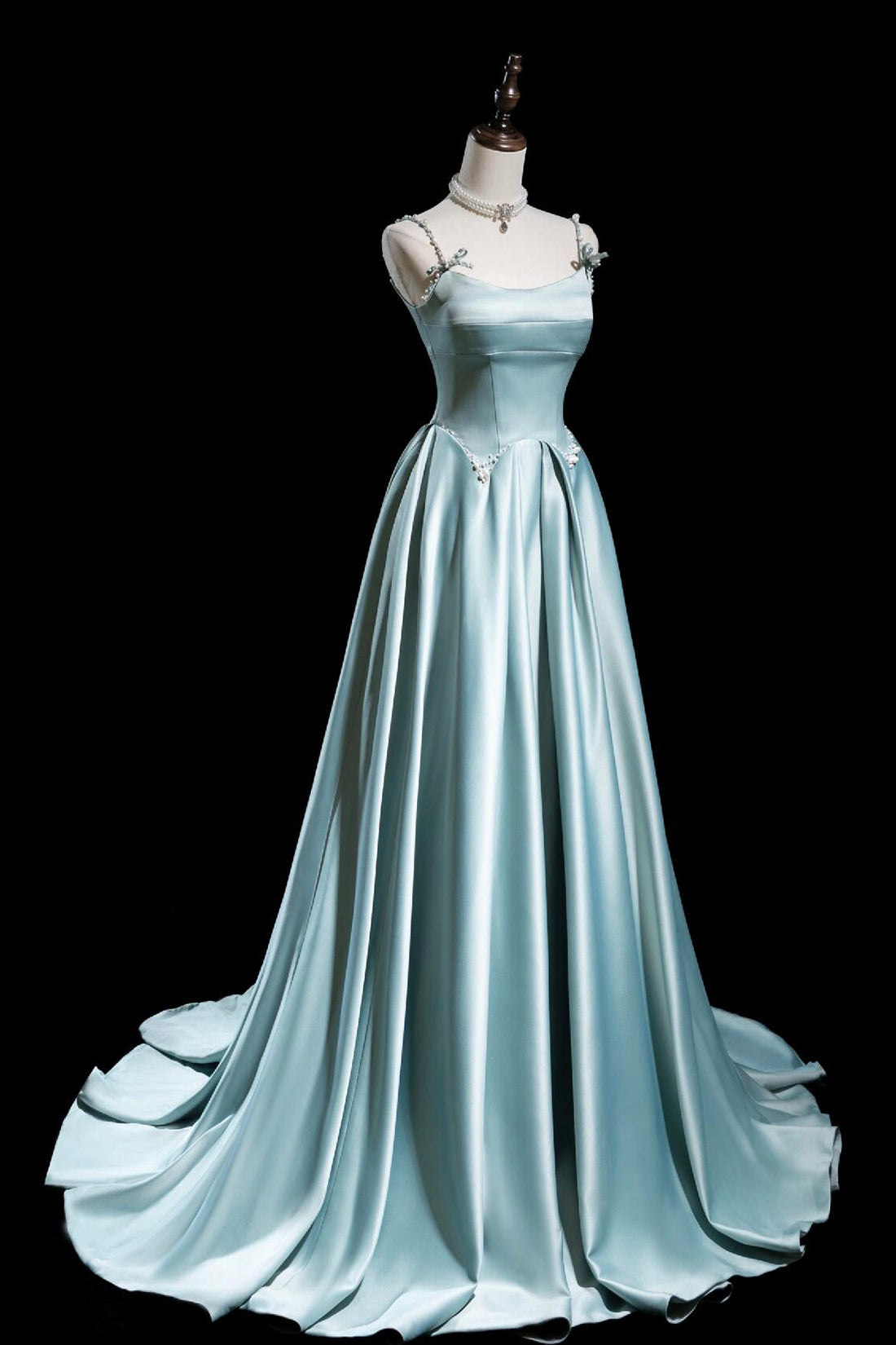 Lovely Satin Pearls Long Prom Dress, A-Line Ice Blue Spaghetti Strap Evening Party Dress