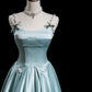 Lovely Satin Pearls Long Prom Dress, A-Line Ice Blue Spaghetti Strap Evening Party Dress