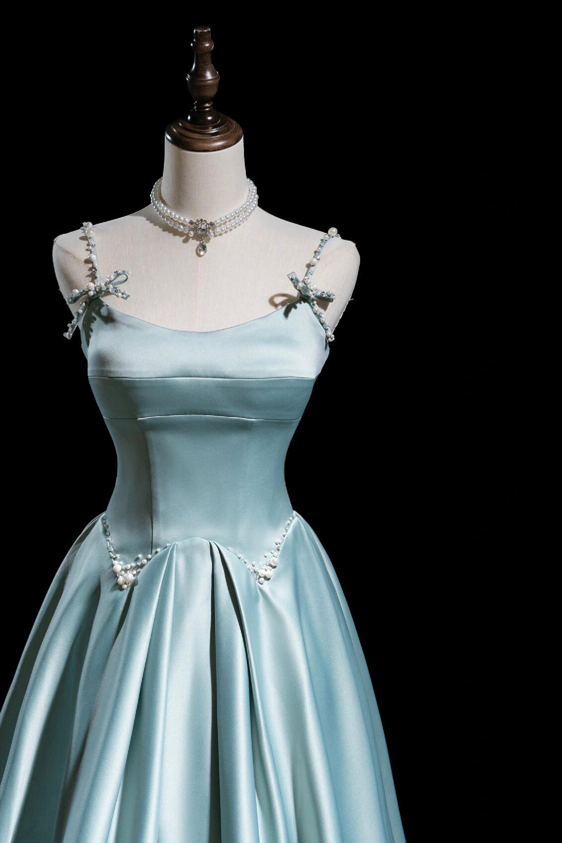 Lovely Satin Pearls Long Prom Dress, A-Line Ice Blue Spaghetti Strap Evening Party Dress