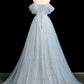 Blue Tulle Flowers Long Prom Dresses, A-Line Off the Shoulder Evening Formal Dresses