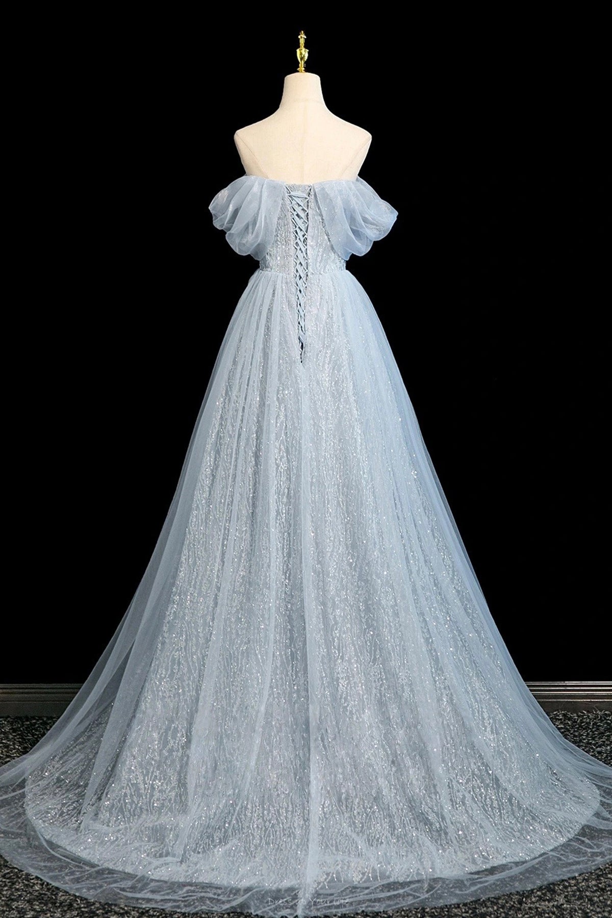 Blue Tulle Flowers Long Prom Dresses, A-Line Off the Shoulder Evening Formal Dresses