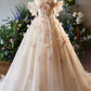 Champagne Tulle Floor Length Prom Dress, Beautiful Off the Shoulder Evening Party Dress