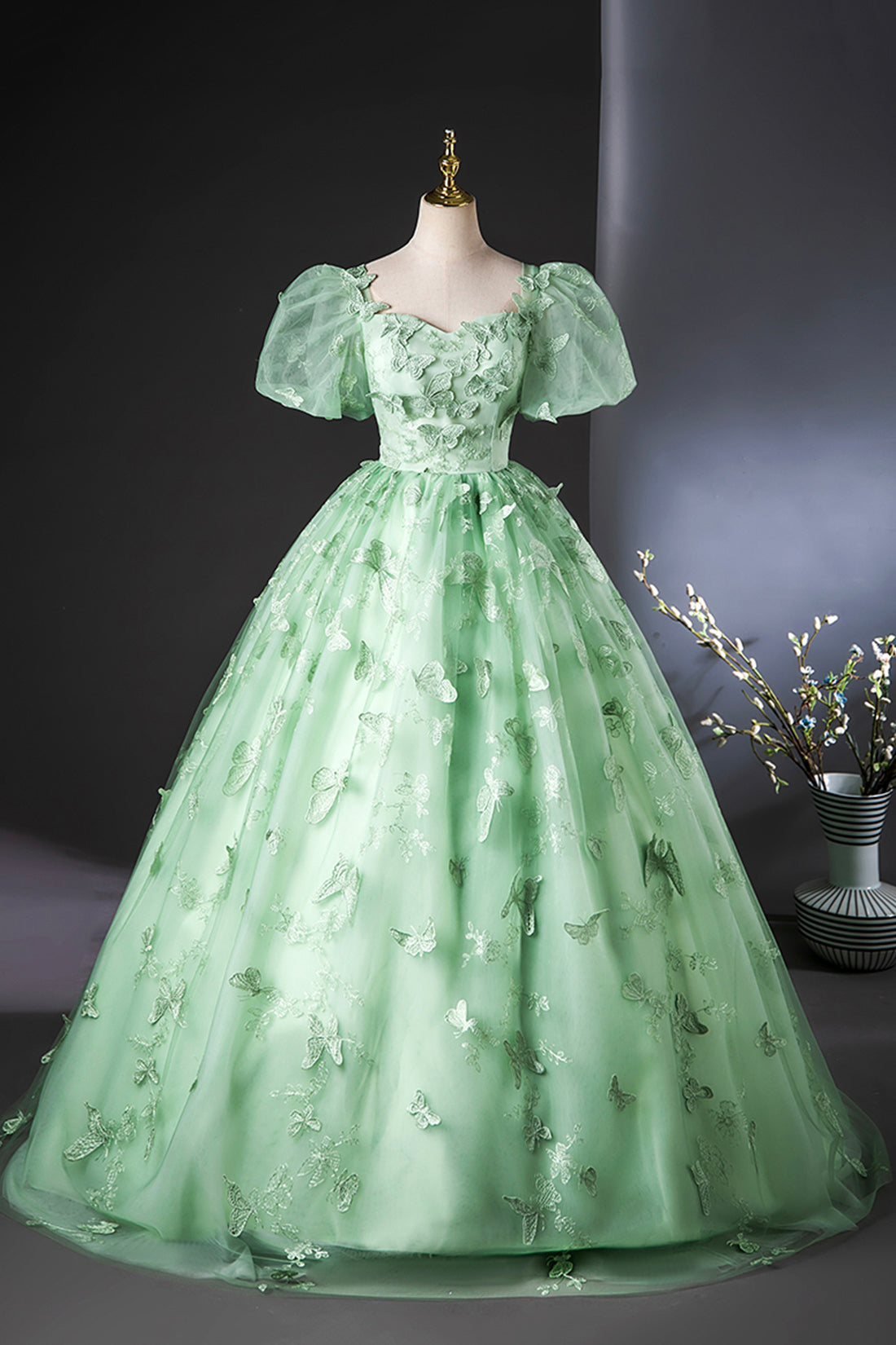 Green Tulle Lace Floor Length Prom Dress, Elegant A-Line Short Sleeve Evening Party Dress