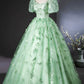 Green Tulle Lace Floor Length Prom Dress, Elegant A-Line Short Sleeve Evening Party Dress