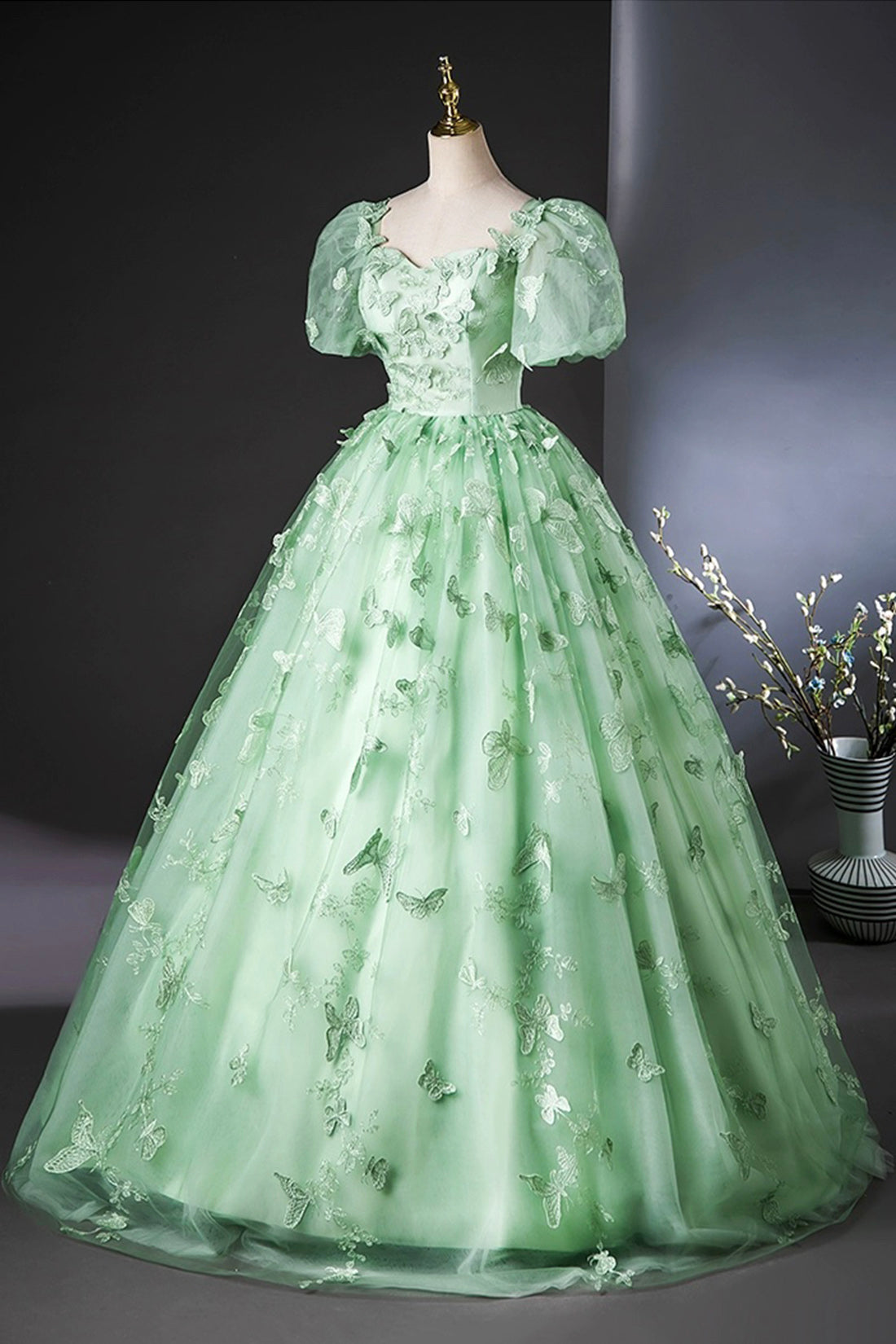 Green Tulle Lace Floor Length Prom Dress, Elegant A-Line Short Sleeve Evening Party Dress