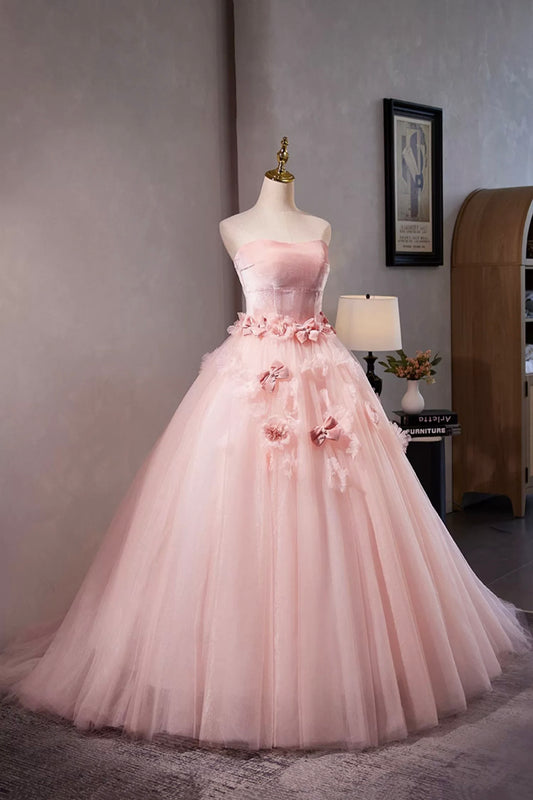 Beautiful Velvet Tulle A-Line Prom Dress with Flowers, Pink Strapless Evening Sweet 16 Dress