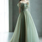 Green Tulle Floor Length Prom Dress, Off the Shoulder A-Line Evening Party Dress