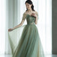 Green Tulle Floor Length Prom Dress, Off the Shoulder A-Line Evening Party Dress