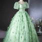 Green Tulle Lace Floor Length Prom Dress, Elegant A-Line Short Sleeve Evening Party Dress