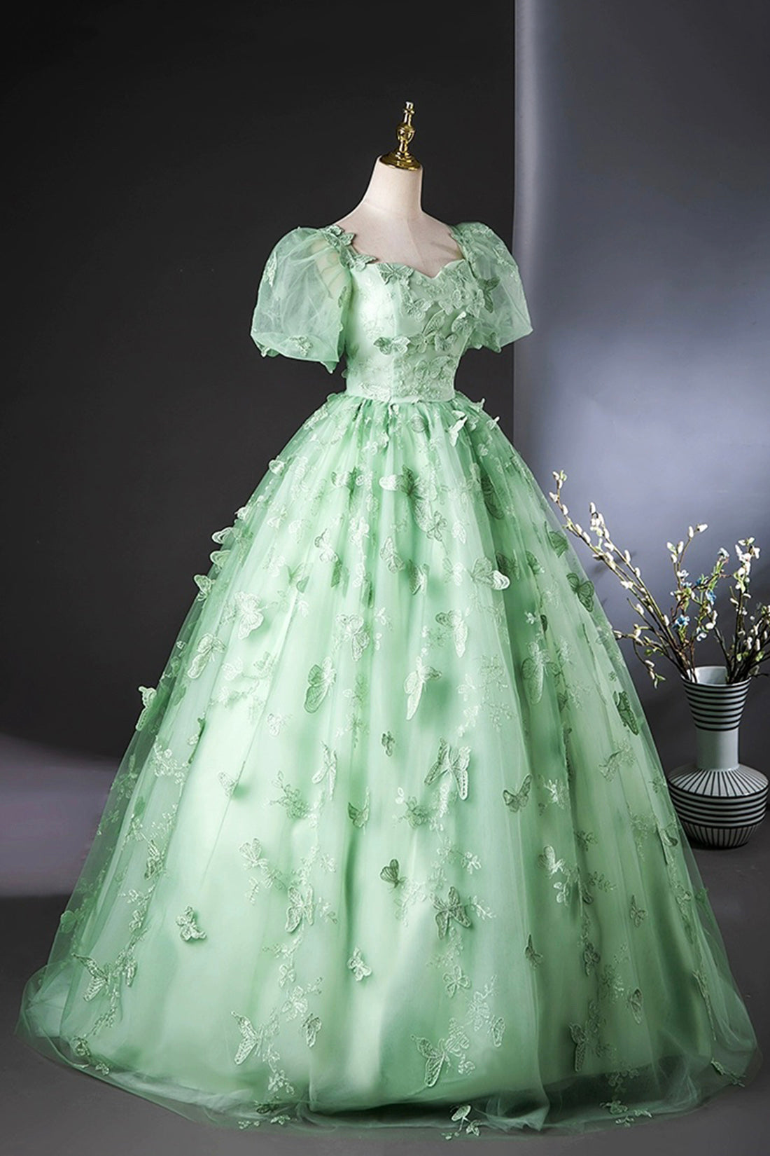 Green Tulle Lace Floor Length Prom Dress, Elegant A-Line Short Sleeve Evening Party Dress