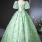 Green Tulle Lace Floor Length Prom Dress, Elegant A-Line Short Sleeve Evening Party Dress