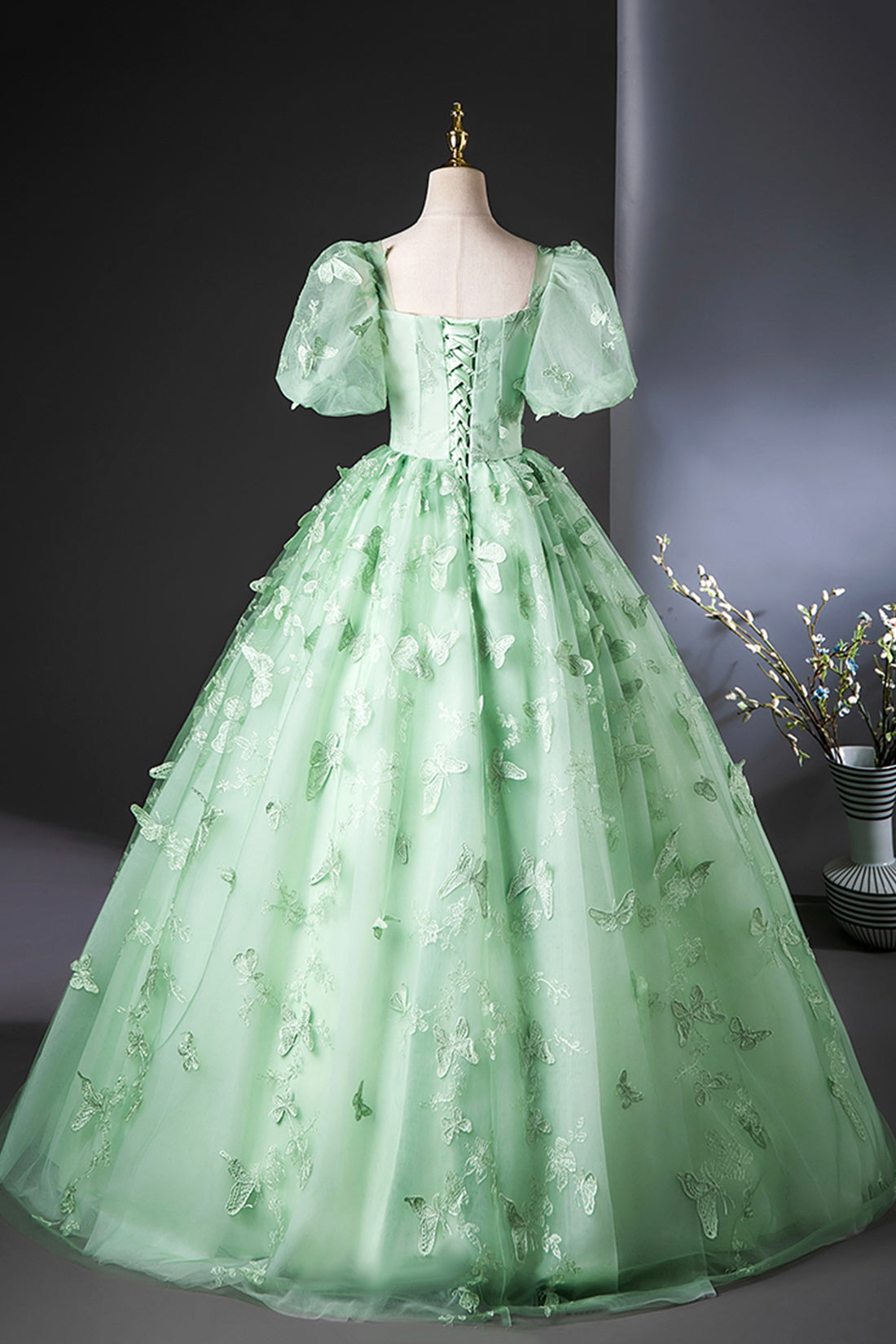 Green Tulle Lace Floor Length Prom Dress, Elegant A-Line Short Sleeve Evening Party Dress