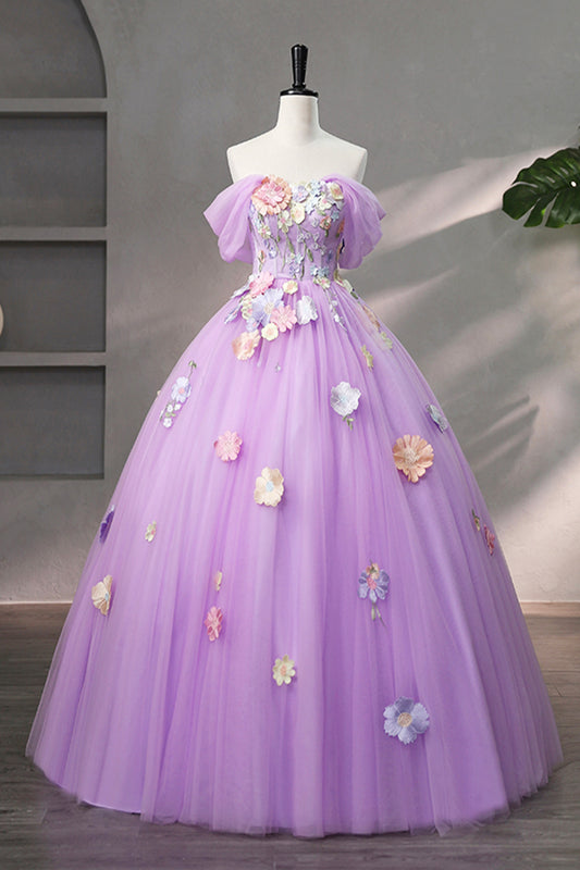 Purple Tulle Lace Long Prom Dress, off the Shoulder Evening Party Dress