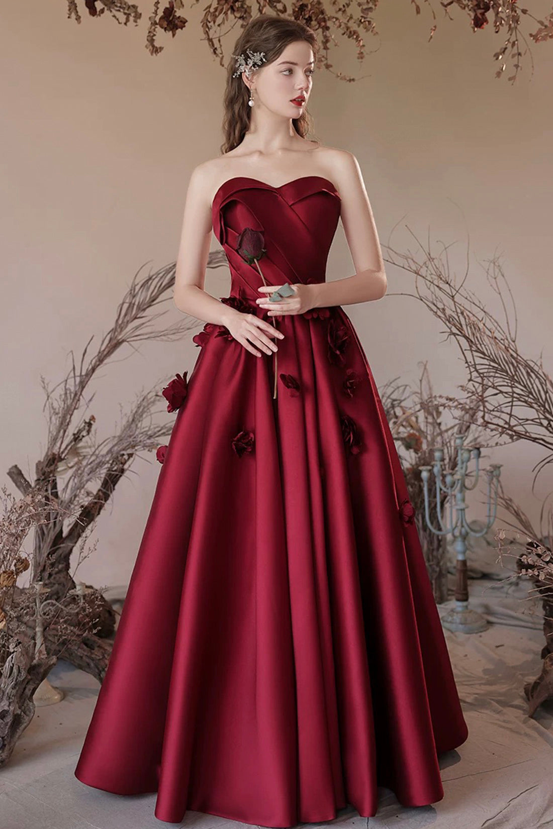 Burgundy Satin Floor Length Prom Dress, A-Line Strapless Evening Party Dress