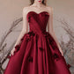 Burgundy Satin Floor Length Prom Dress, A-Line Strapless Evening Party Dress